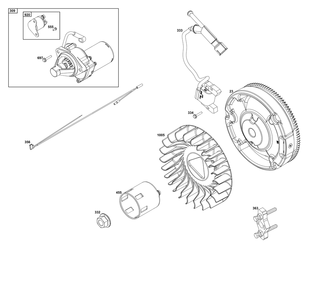 Flywheel, Ignition, And Starter Group Diagram and Parts List for 25V337-0019-F1 200000 - 399999 Briggs and Stratton Engine